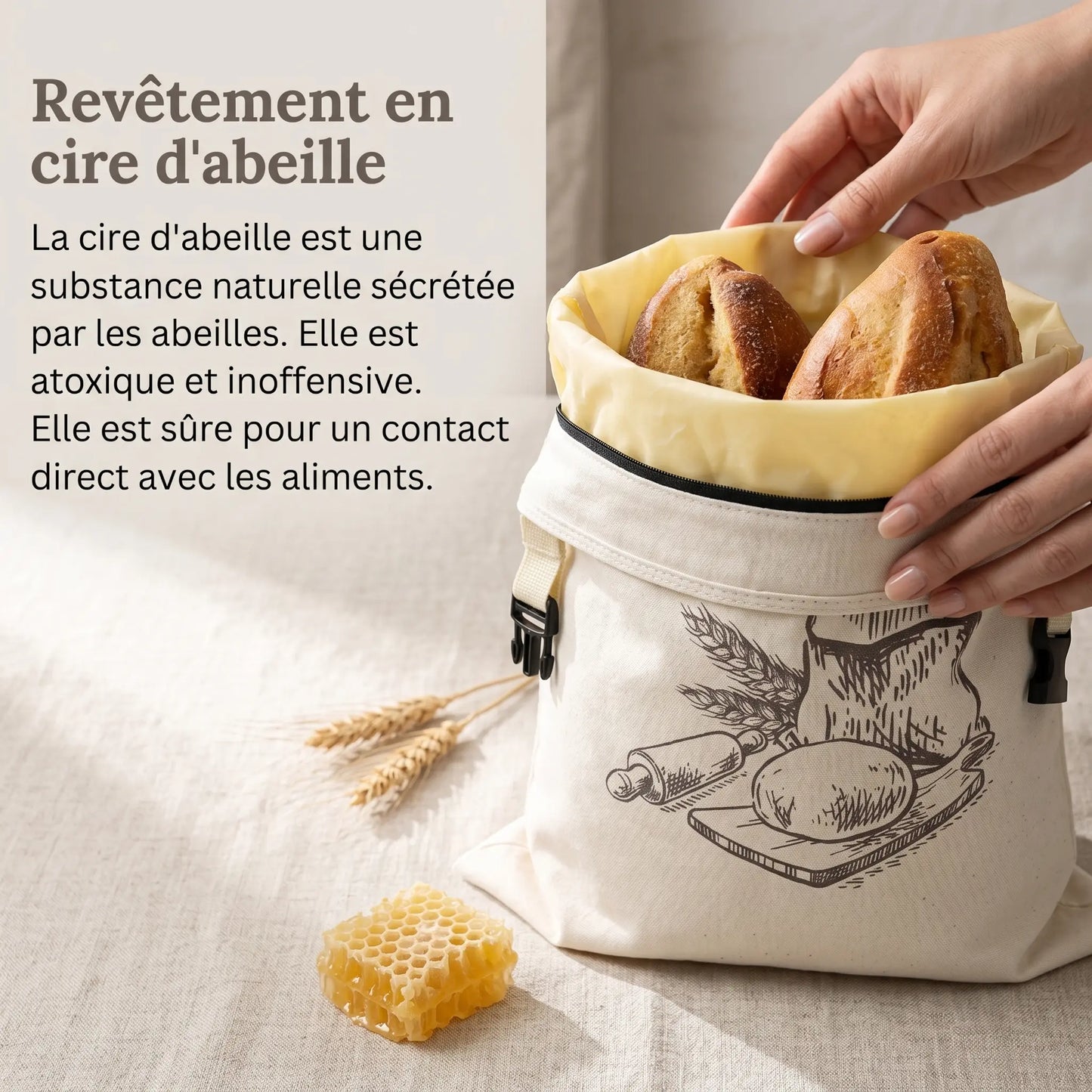 Détail du tissu coton bio imprégné de cire d'abeille du sac à pain Homelyn, matière respirante zéro plastique