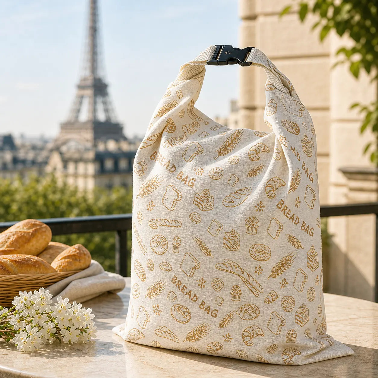 Sac à pain en cire d'abeille motif Fleur de Miel Homelyn, finition naturelle et fermeture pratique