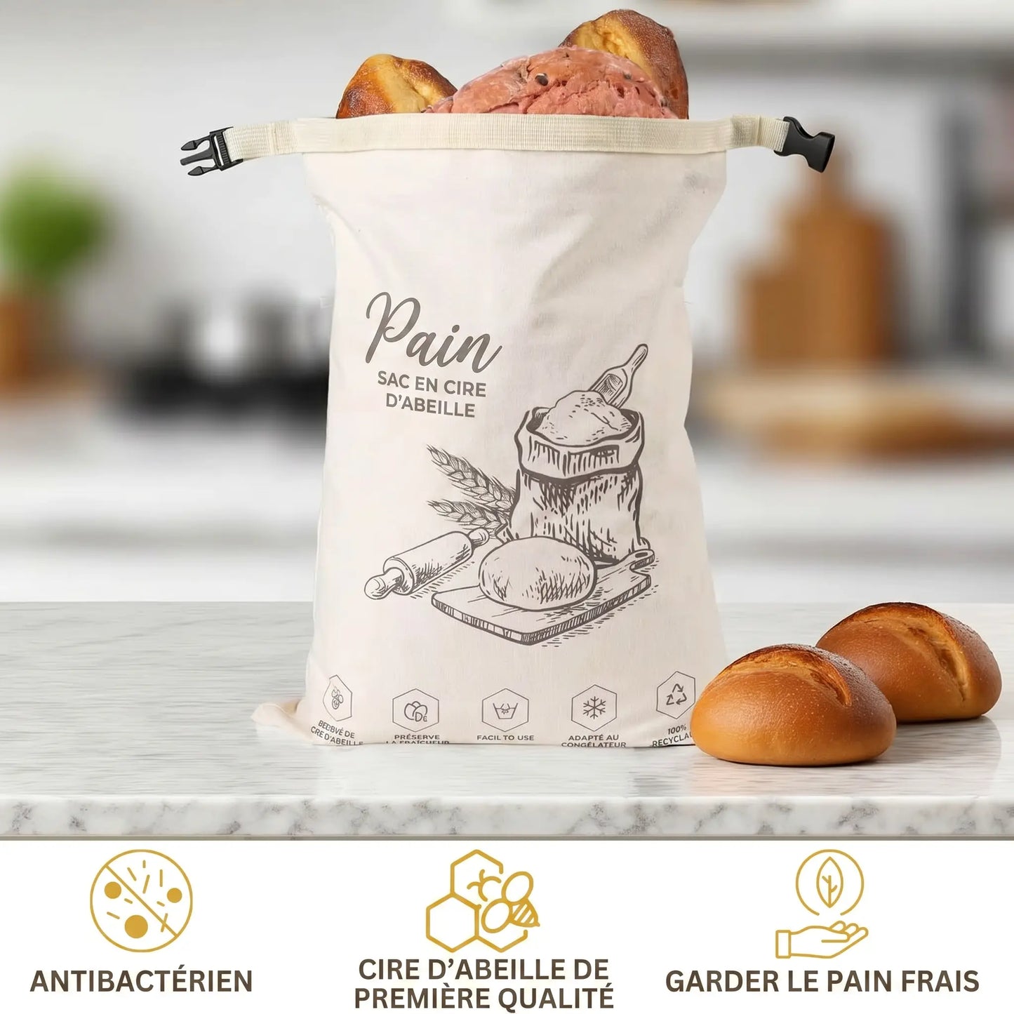 Sac à pain Homelyn motif Petit Boulanger avec une baguette croustillante, conservation naturelle de la mie