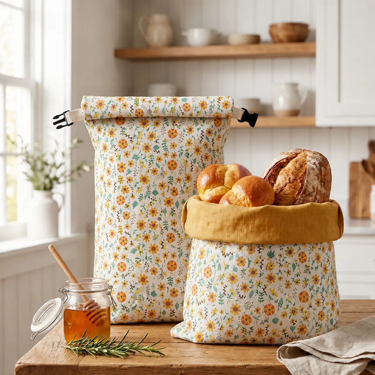 Sac à pain en coton bio Homelyn motif Ruche Dorée posé sur un plan de travail dans une cuisine épurée
