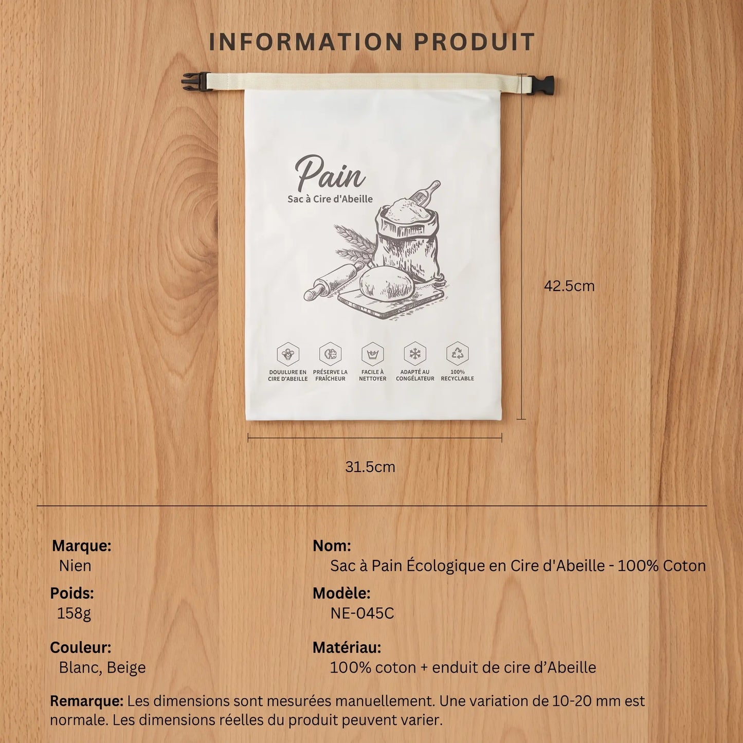 Plan technique du sac à pain Homelyn avec dimensions et caractéristiques du coton bio enduit de cire d'abeille