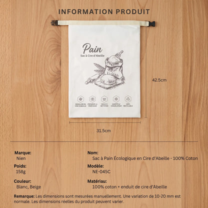 Plan technique du sac à pain Homelyn avec dimensions et caractéristiques du coton bio enduit de cire d'abeille