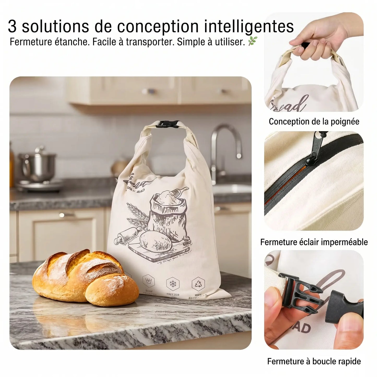 Schéma de conception du sac à pain en cire d'abeille Homelyn, coutures renforcées et tissu 100 % coton bio