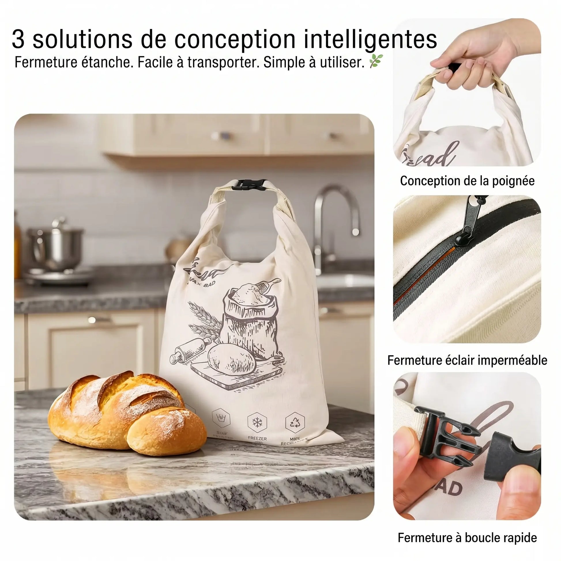 Schéma de conception du sac à pain en cire d'abeille Homelyn, coutures renforcées et tissu 100 % coton bio
