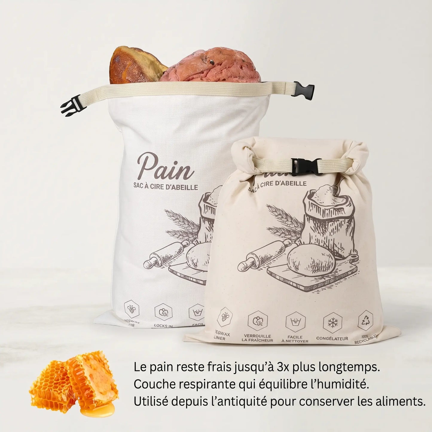 Sac à pain Homelyn tenu en main, format compact idéal pour transporter une baguette ou une miche