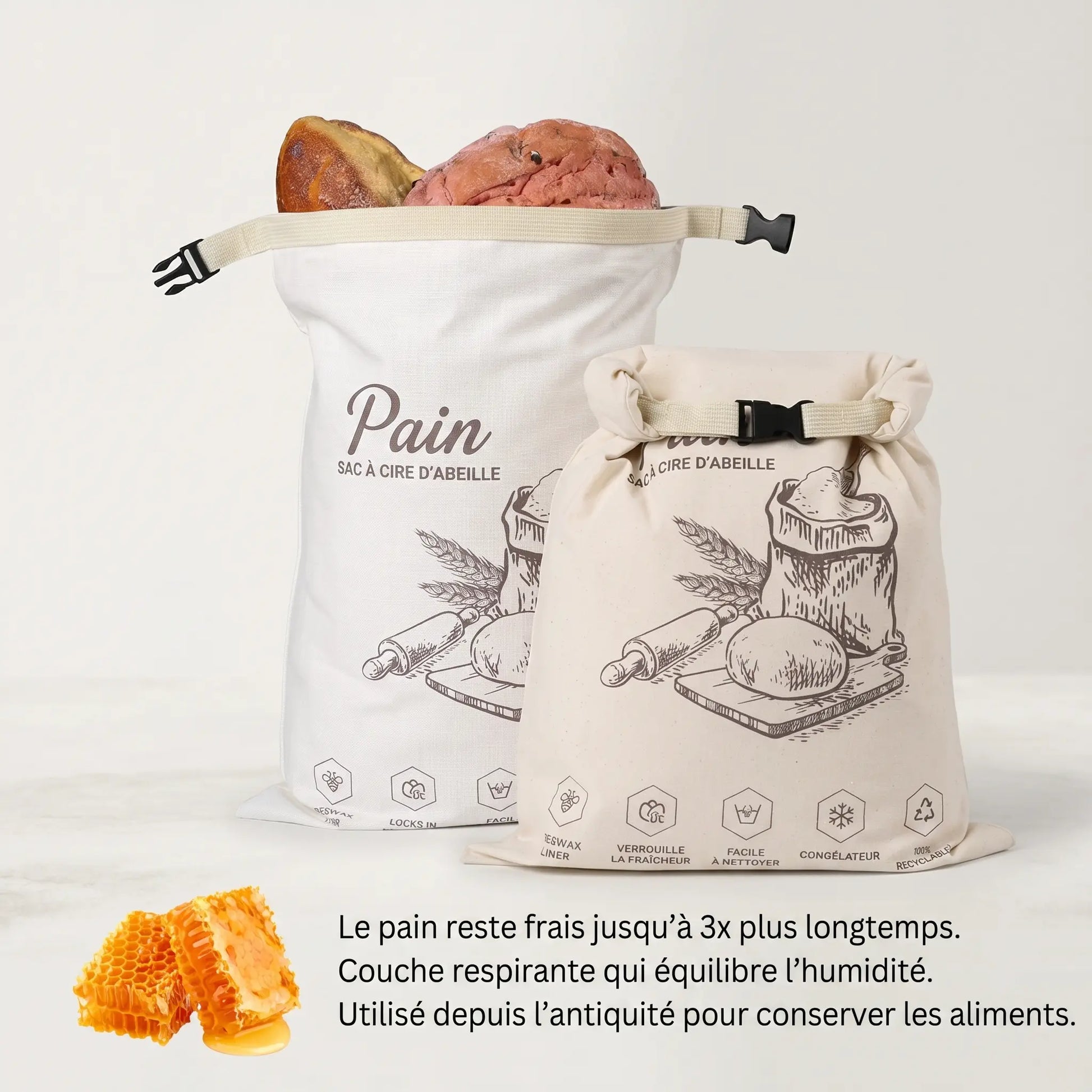 Sac à pain Homelyn tenu en main, format compact idéal pour transporter une baguette ou une miche